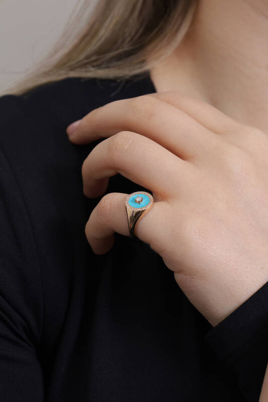 Pinky Diamond Ring - Turquoise Enamel - 2